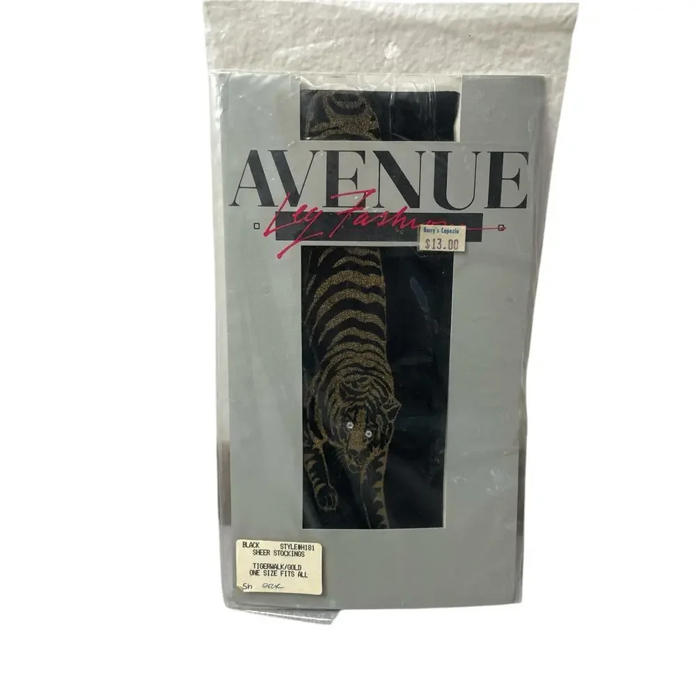 Vtg Avenue by Leg Fashions Tigerwalk Nylons Black Gold Embellished Sheer NOS 80s